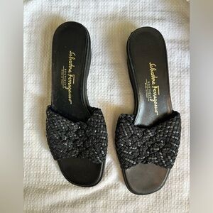 Vintage 90s Salvatore Ferragamo Black Woven Slide Sandals.